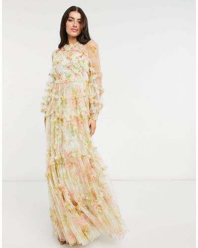 Needle & Thread Vestito lungo a maniche lunghe con stampa 3d a fiori misti - Multicolore
