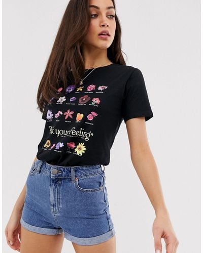 Stradivarius Camiseta negra con estampado floral - Negro