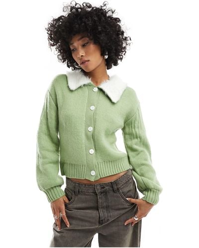 Native Youth Fluffy Collar Cropped Cardigan - Green