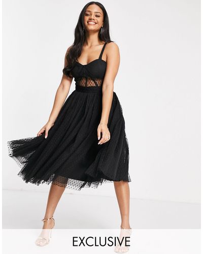 LACE & BEADS Exclusive Prom Midi Dress With Mesh Corset Waist Detail - Black