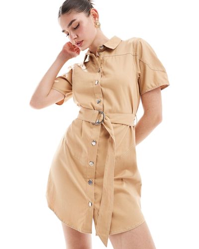 ASOS Puff Sleeve Will Curved Hem Mini Dress - Natural