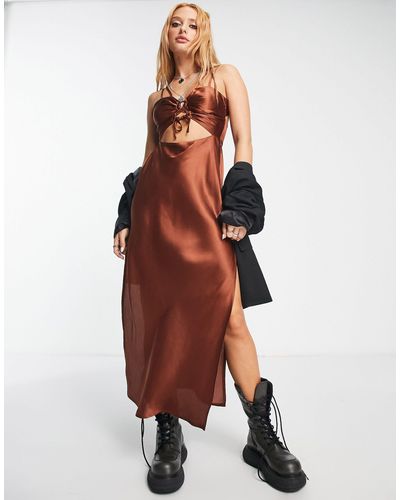 Bolongaro Trevor Take Me To The Party Ruched Satin Midi Dress - Brown