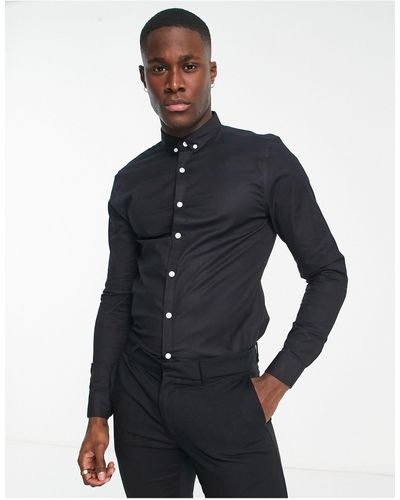 New Look Camicia oxford a maniche lunghe nera attillata - Blu