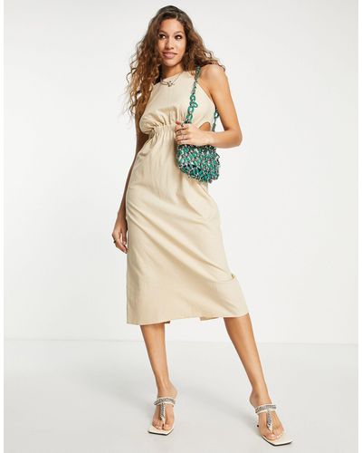 EDITED Cotton Midi Dress With Cut Out Waist - Natural