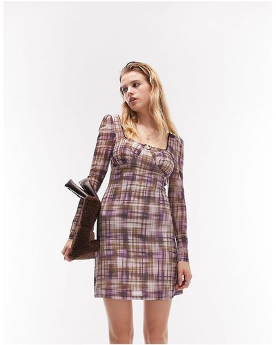 TOPSHOP Check Mesh Mini Tea Dress - Purple