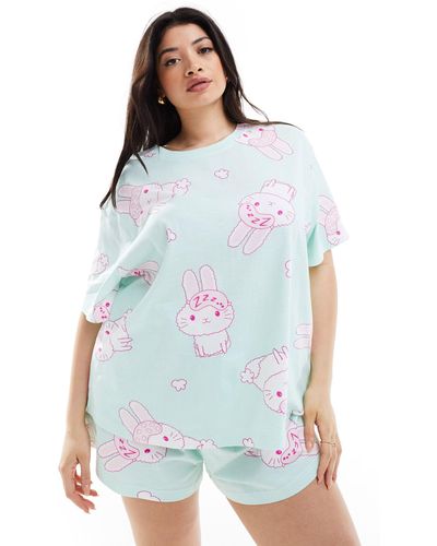 ASOS Asos design curve - pigiama con stampa di coniglietti composto da t-shirt oversize e pantaloncini - Blu