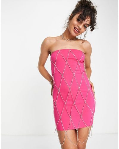 Rebellious Fashion Bandeau Mini Dress With Rhinestone Overlay - Pink