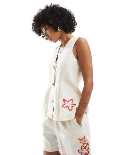Native Youth Embroidered Button Through Linen Waistcoat Co-ord - White