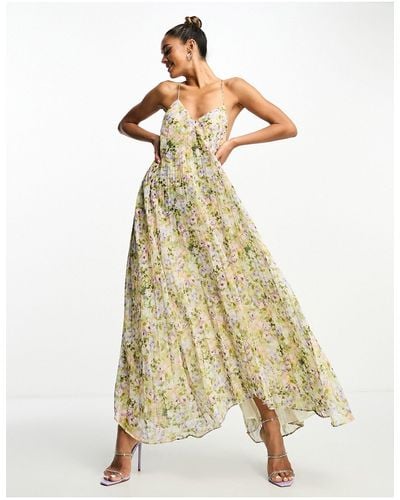 Mango Premium Floral Pleated Maxi Dress With Backless Detail - White