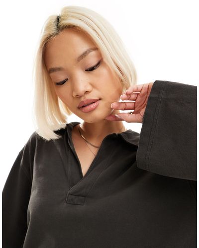 Weekday Toby Oversized Long Sleeve Polo Top - Black