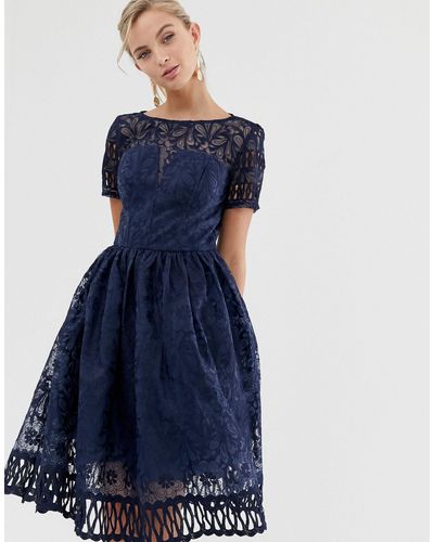 Chi Chi London Premium Lace Dress With Cutwork Detail And Cap Sleeve - Blue