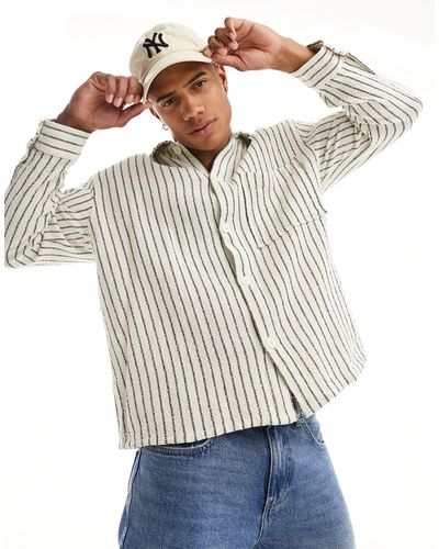 Bershka Textured Striped Long Sleeve Shirt - Blue