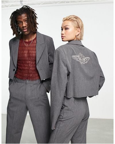 Collusion Unisex Cropped Blazer With Angel Graphic - Grey