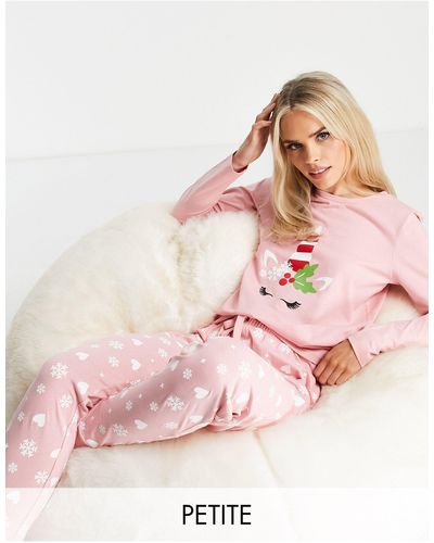 Threadbare Petite Christmas Unicorn Long Pajamas - Pink