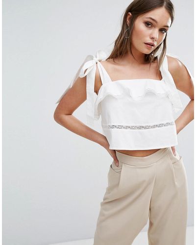 Boohoo Ruffle And Lace Tiered Tie Shoulder Crop Top - White