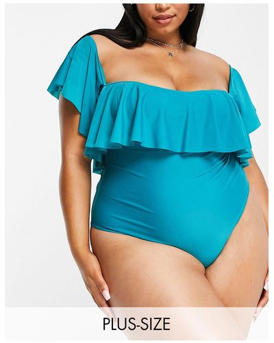 Brave Soul Plus Bandeau Swimsuit With Frill Detail - Green