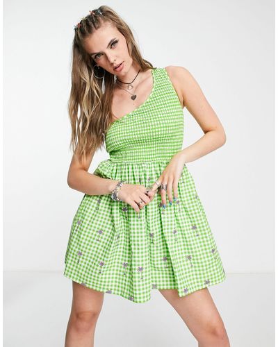 Collusion One Shoulder Shirred Gingham Mini Dress With Embroidery - Green