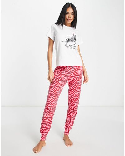 Threadbare Pijama largo rosa y blanco con estampado - Rojo