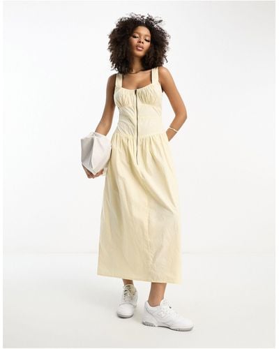 ASOS Washed Cotton Drop Waist Utility Midi Dress With Zip Detail - White