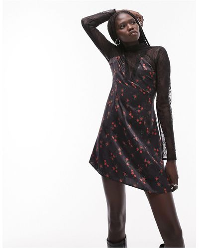 TOPSHOP Lace And Print Mix Mini Dress - Black