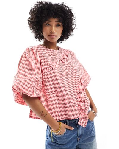 Native Youth Ruffle Gingham Cotton Top - Pink