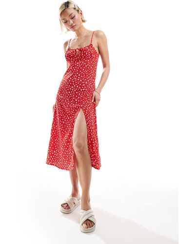 Monki Strappy Midi Dress With Split - Red