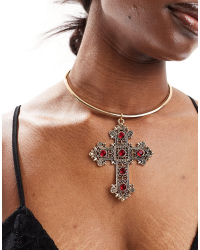 Reclaimed (vintage) Choker With Oversized Cross - Brown