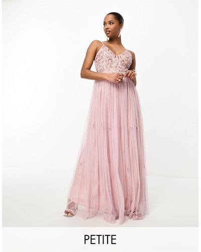 Beauut Petite - l'invitée - robe longue 2-en-1 à bretelles fines avec top ornementé et jupe en tulle - glacé - Rose