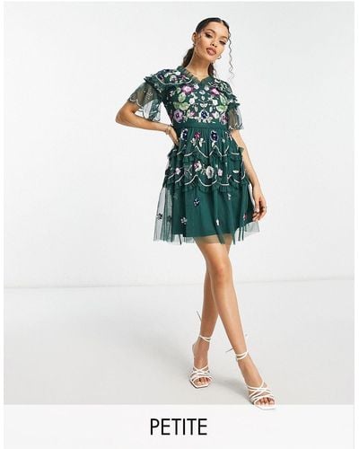 Frock and Frill Tiered Mini Dress With Multi Embellishment - Green