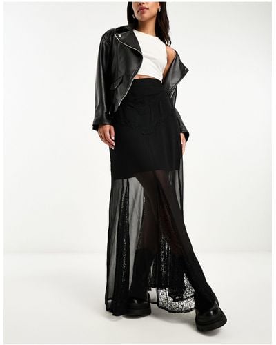 Miss Selfridge Chiffon Lace Insert Godet Maxi Skirt - Black