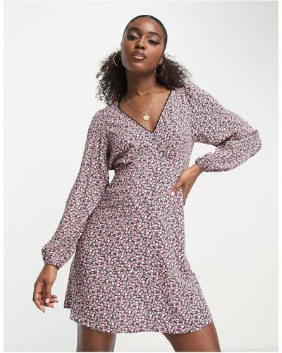 New Look Nette Mini-jurk Met Lange Mouwen En Fijne Roze Bloemenprint - Meerkleurig