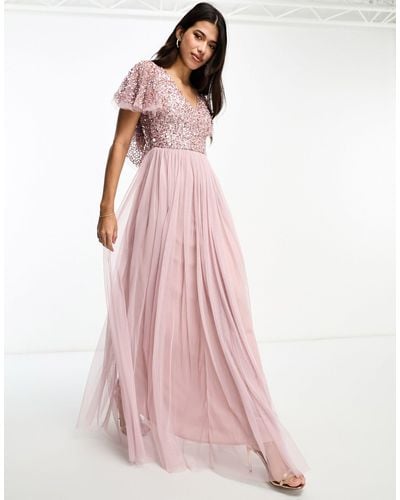 Beauut Bridesmaid Embellished Maxi Dress With Flutter Detail - Pink