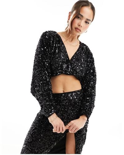 ASOS Sequin Long Sleeve Batwing Blouse - Black