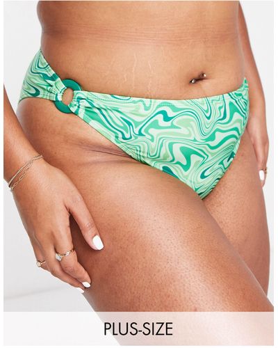 Brave Soul Plus - slip bikini verdi con stampa astratta e dettaglio ad anello - Verde