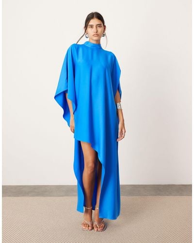 ASOS High Neck Cape Sleeve Mini Dress With Asymmetric Hem - Blue