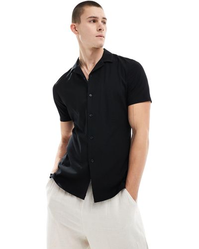 ASOS Short Sleeve Deep Revere Muscle Viscose Shirt - Black