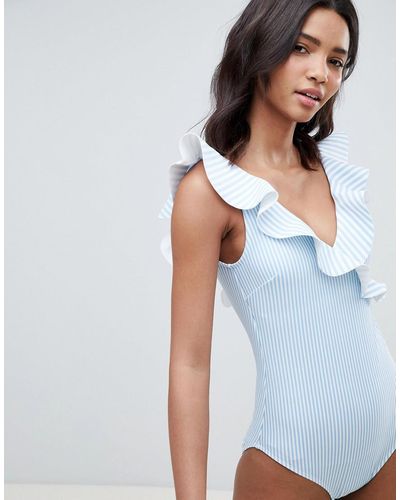 Ted Baker Striped Ruffle Swimsuit - Blue