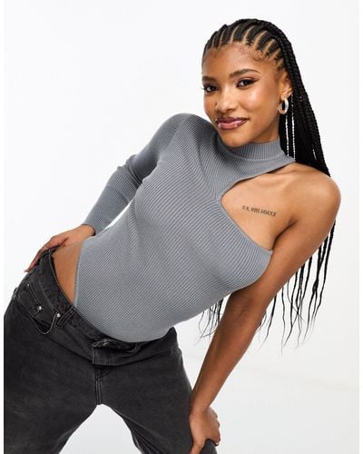 SIMMI Simmi One Shoulder Knitted Cut Out Bodysuit - Gray