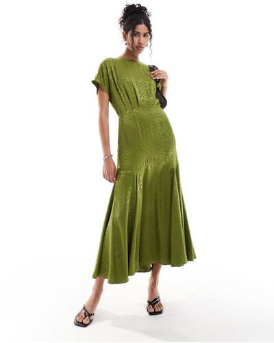 Never Fully Dressed Cap Sleeve Satin Jacquard Midaxi Dress - Green