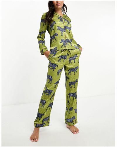 Chelsea Peers Satin Zebra Print Button Top And Trouser Pyjama Set - Green