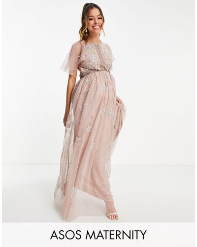 ASOS Asos Design Maternity Bridesmaid Pearl Embellished Maxi Dress With Floral Embroidery - Pink