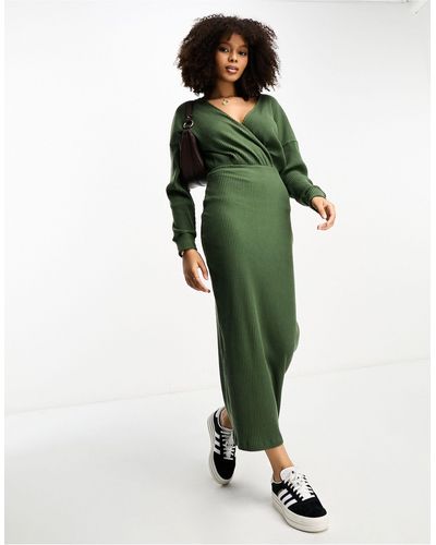 ASOS Wrap Front Midi Supersoft Rib Dress With Long Sleeve - Green