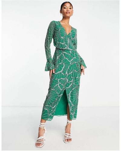ASOS Embellished Wrap Midi Dress With Scallop Design - Green