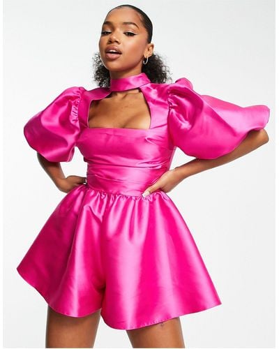 ASOS Puff Sleeve Taffeta Playsuit With Cut Out - Pink