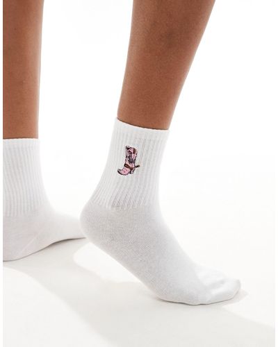 Monki Ankle Sock With Pink Cowboy Boot - White