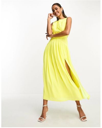 ASOS Sleeveless Satin Pleated Ruched Maxi Dress - Yellow