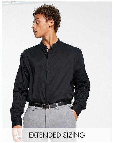 ASOS Premium Slim-fit Overhemd Van Satinet Met Chinees Kraagje - Zwart
