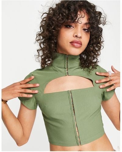 Daisy Street High Neck Cut Out Fitted Top - Green