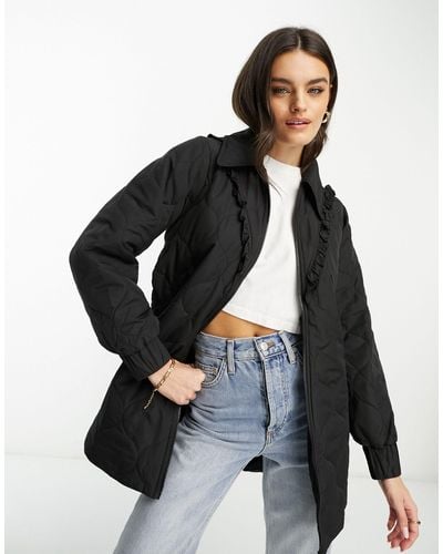 Vila Quilted Longline Jacket With Frill Detail - Black