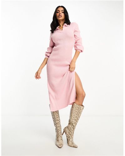 In The Style Exclusive Knitted Collar Detail Midi Jumper Dress - Pink